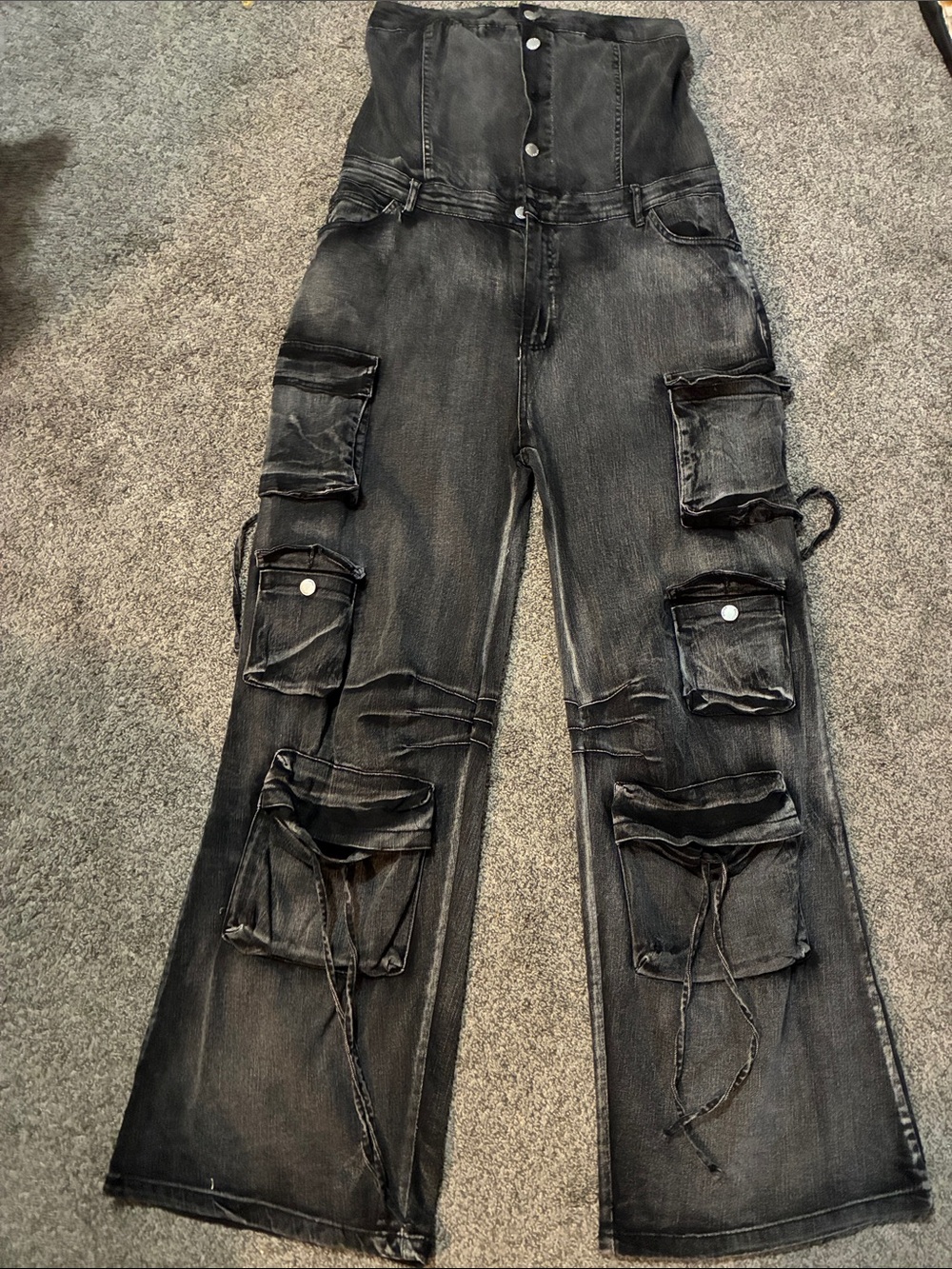 Daisy Washed Charcoal Utility Wide-Leg Cargo Jumpsuit